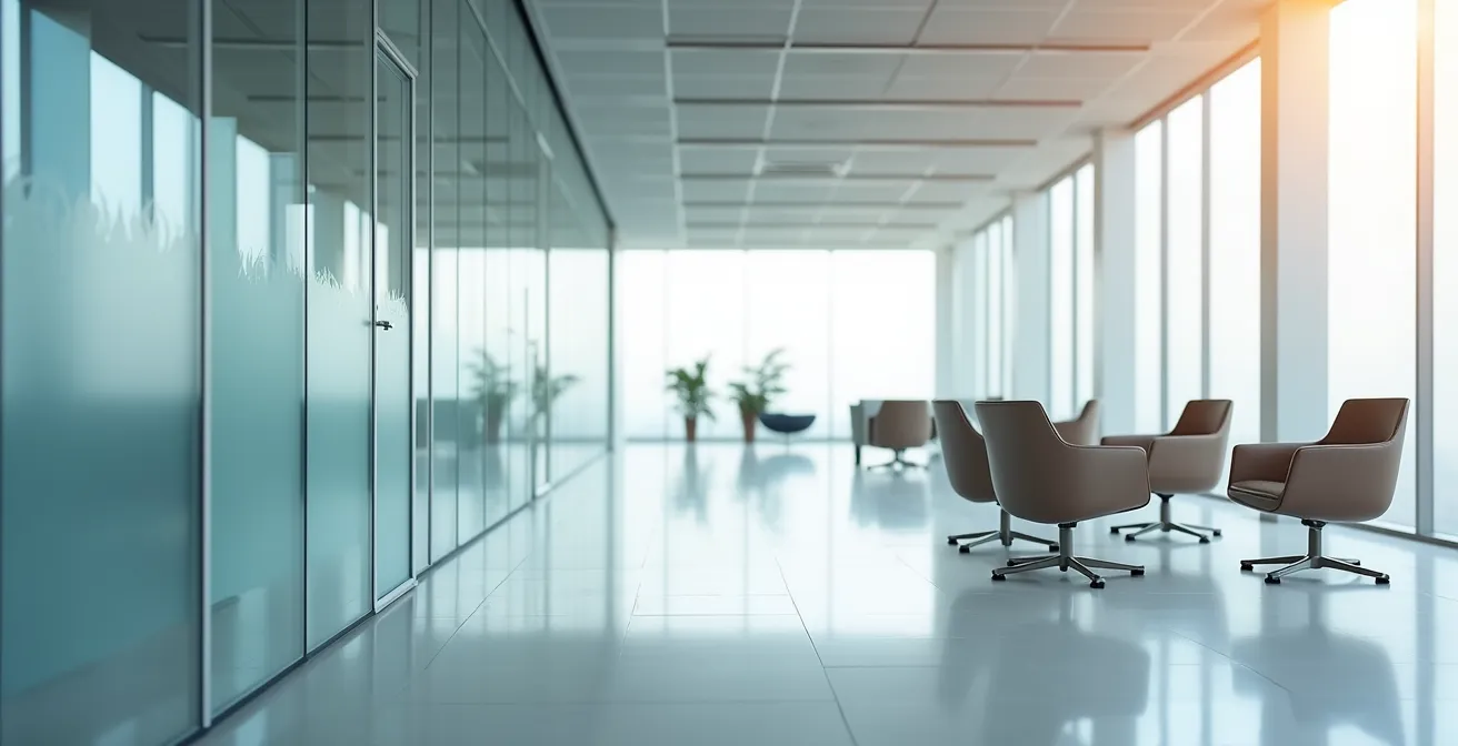 Vue d'un espace de bureaux moderne avec architecture épurée