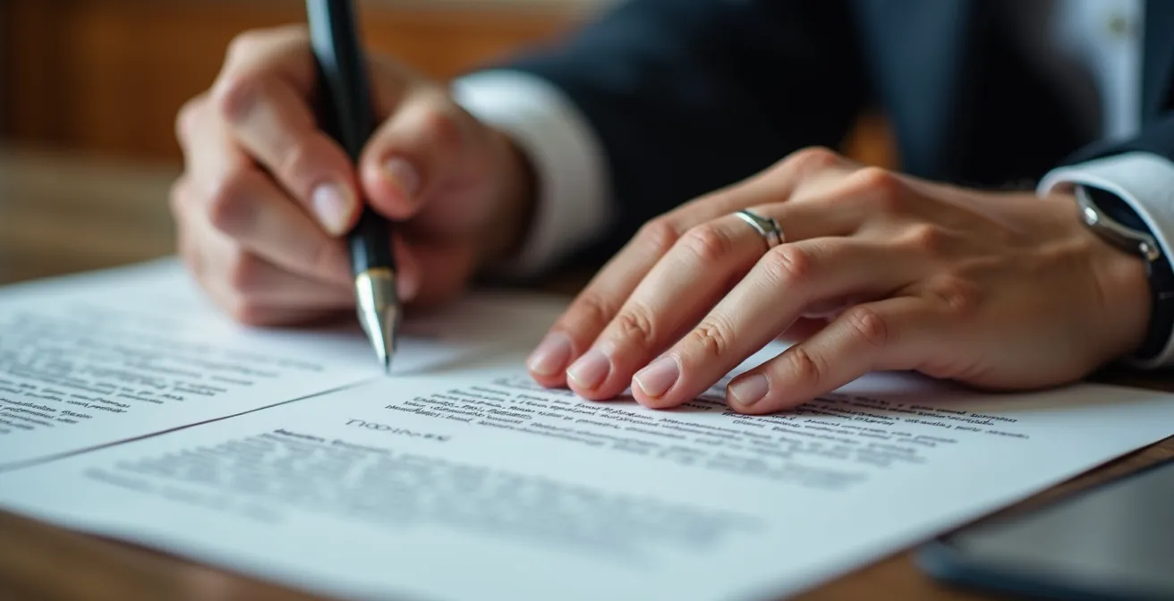 Mains signant des documents officiels sur un bureau professionnel