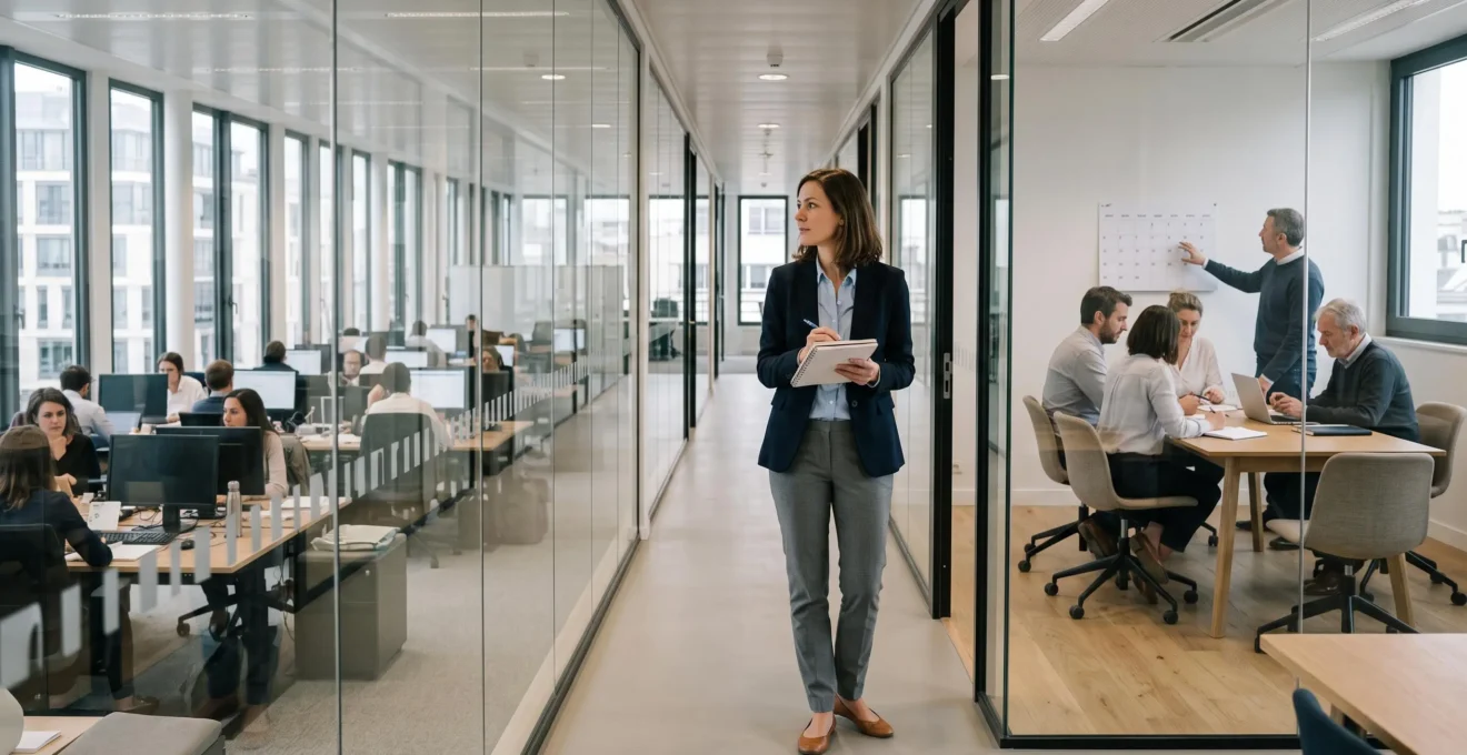 Une consultante RH se tient dans un couloir entre une petite salle de réunion occupée par une équipe réduite et un open space de grande taille visible derrière une cloison vitrée.