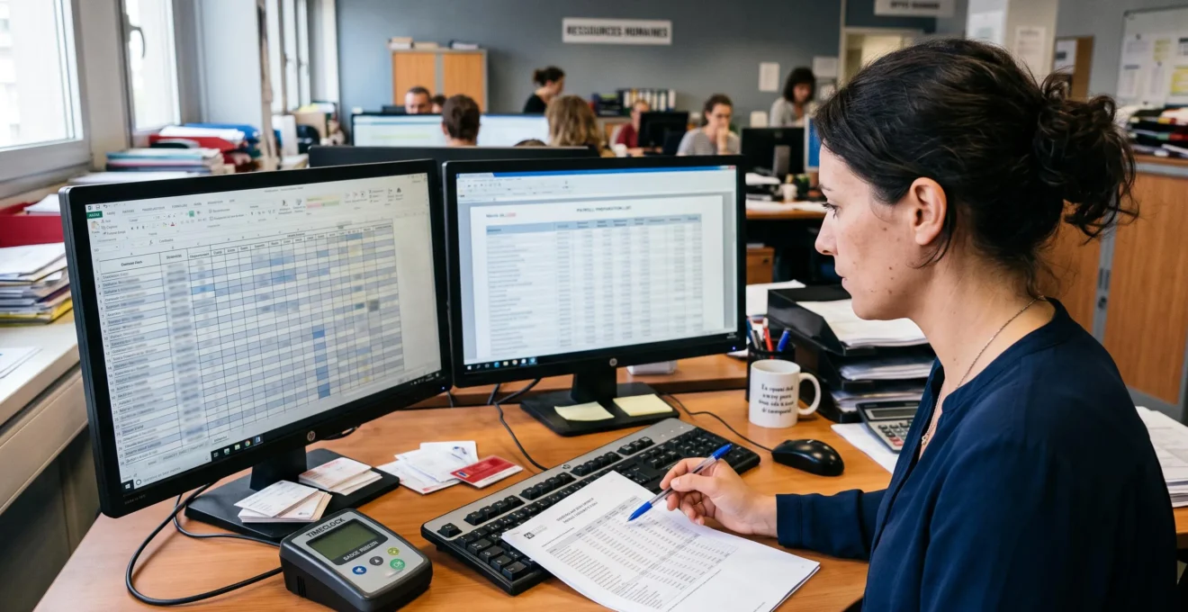 Une gestionnaire de paie vérifie sur un double écran des relevés de temps et d'absences à côté d'une borne de pointage posée sur son bureau.