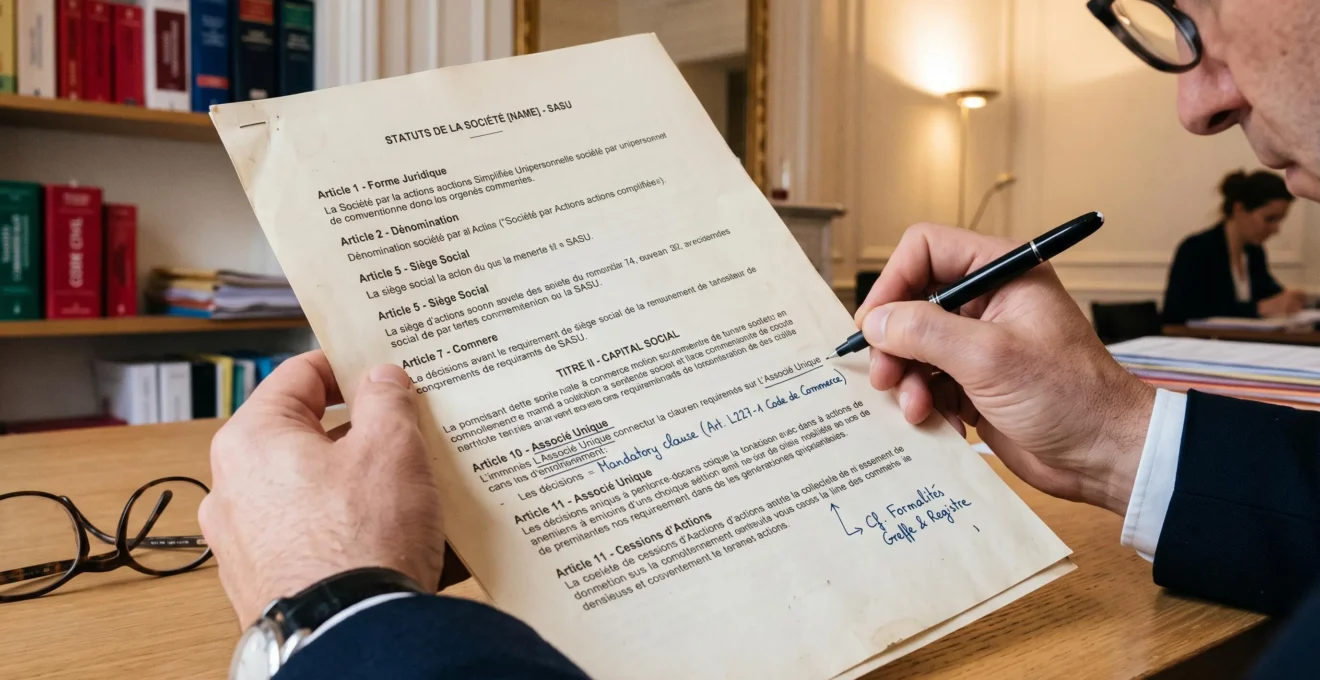Expert juridique annotant un document officiel de statuts de SASU en France.