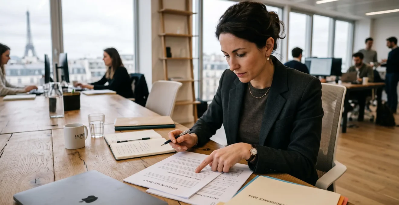 Entrepreuneur français examinant des statuts de société dans un bureau de startup moderne.