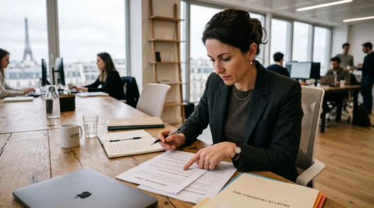 Entrepreuneur français examinant des statuts de société dans un bureau de startup moderne.