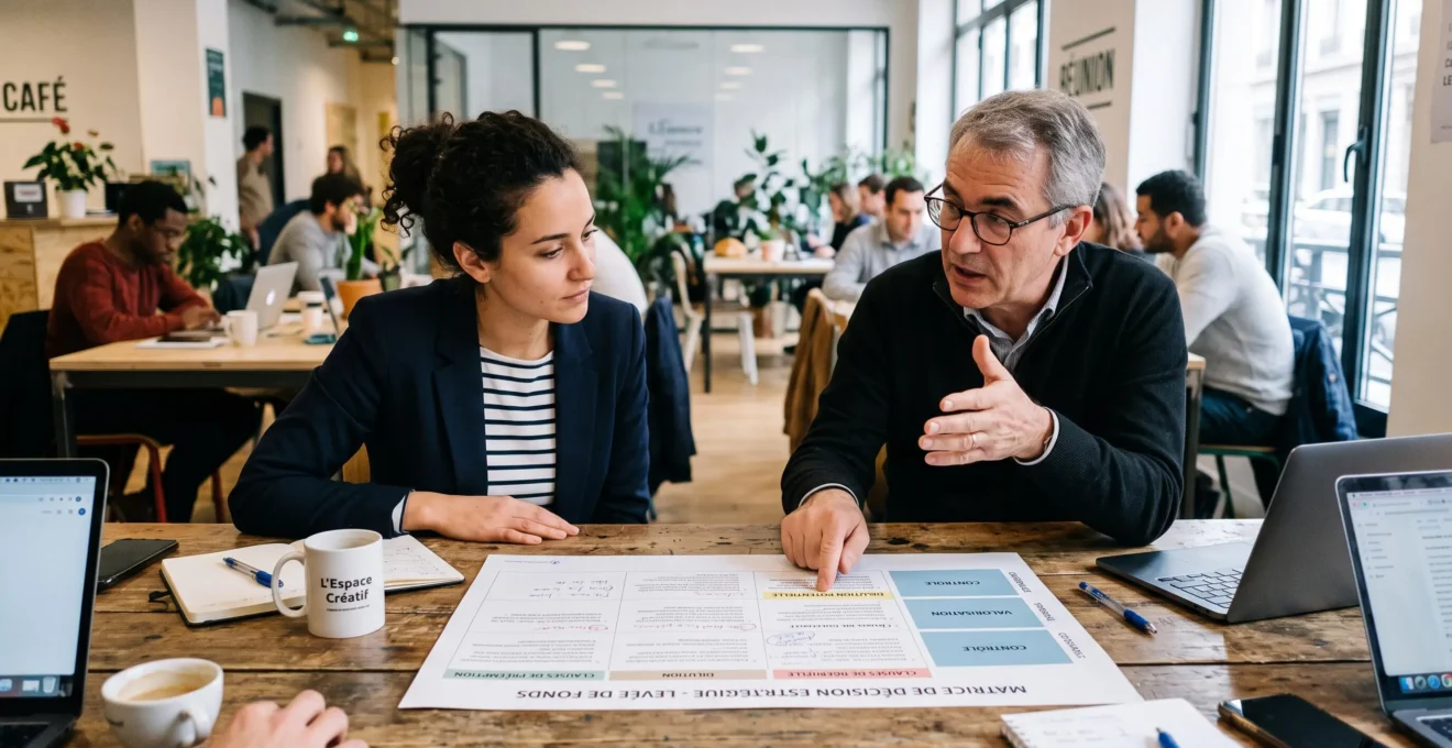 Entrepreneur discutant des clauses statutaires avec un conseiller financier ou juridique.